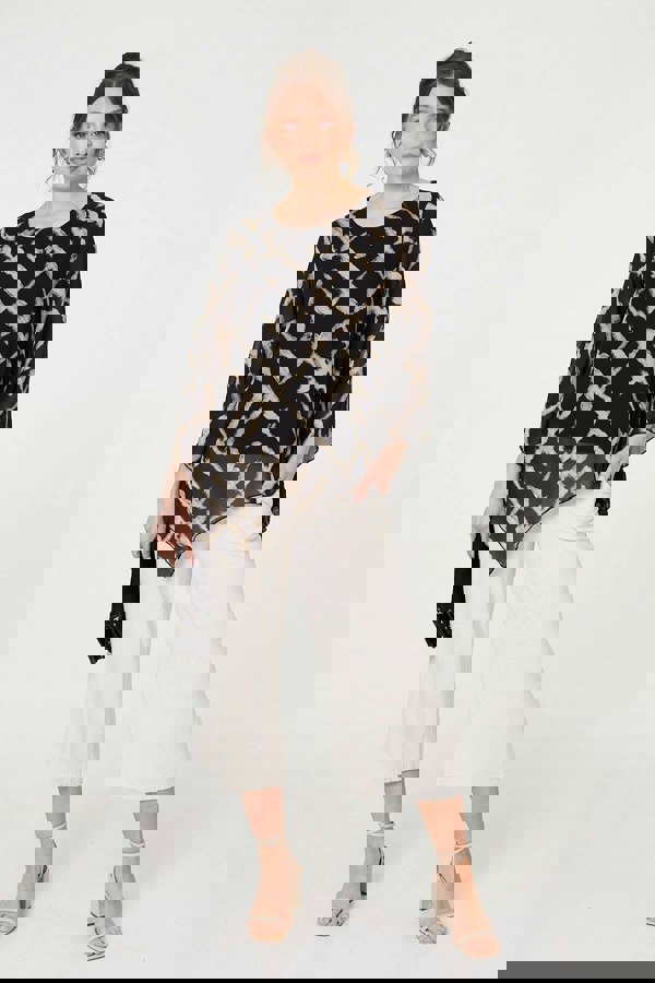 Black | Printed Asymmetric Semi Sheer Tunic Top
