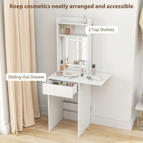 Wyld Haus Ravitti White Compact Vanity Desk With Mirror LED Lights Drop Leaf And Open Shelves