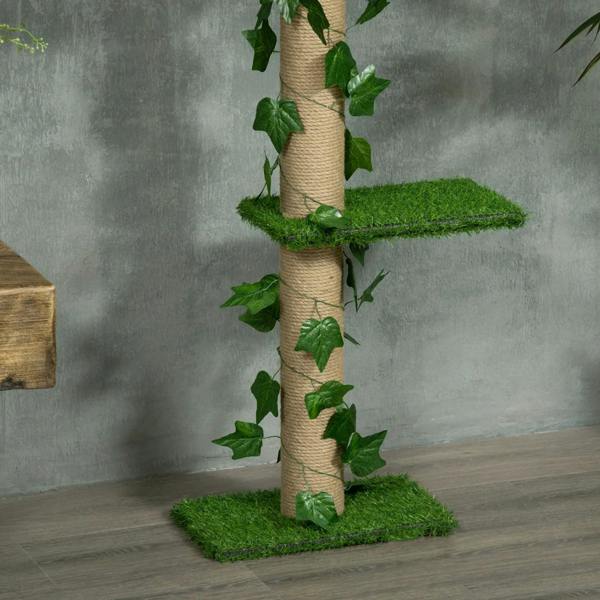 Base of leaf-wrapped jute cat tree with green artificial grass platforms and side perch