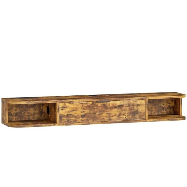 Floating TV unit in rustic brown wood with central drawer and open side shelf.