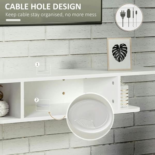 White floating TV console front cable hole with open storage compartments on both sides