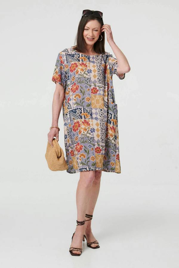 Blue | Floral Patchwork Knee Length Shift Dress