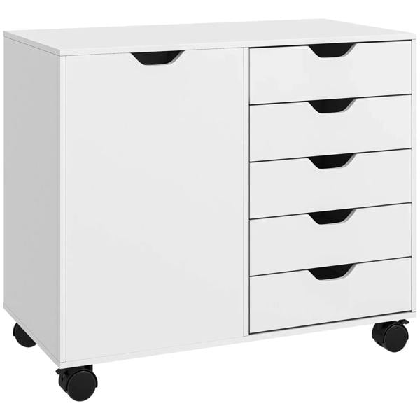 White mobile storage cabinet with side door and stacked drawer fronts on caster wheels