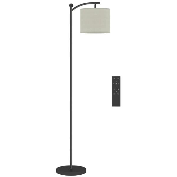Black LED floor lamp with cylindrical white shade and remote control