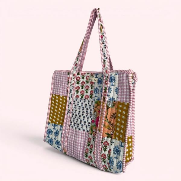 Hayley & Co Cottage Floral Pink and Gingham Quilted Cotton Tote Bag
