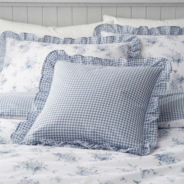 Catherine Lansfield Lucie Floral Frill Blue Filled Cushion
