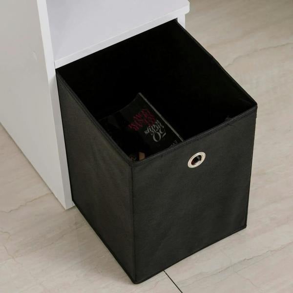 Black fabric storage drawer with round handle opening, attached to a white computer desk