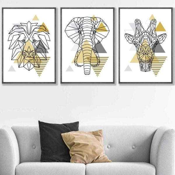 Artze Wall Art Yellow Geometric Giraffe Lion Elephant Set of 3 Framed Wall Art
