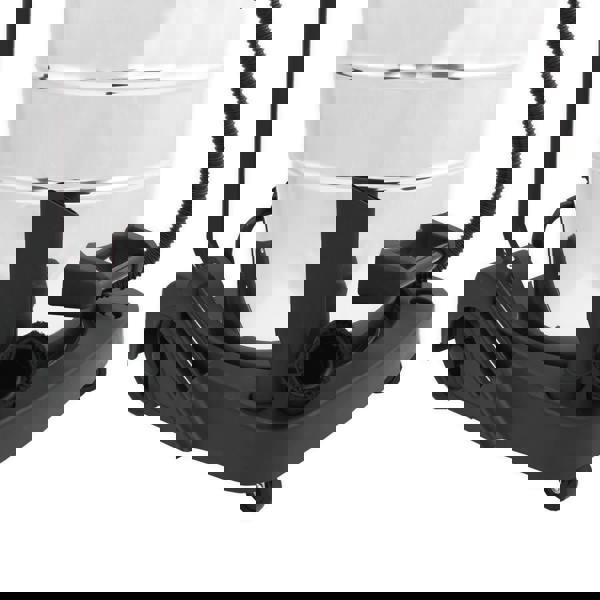 80L wet and dry vacuum with a shiny stainless steel barrel, black base, and 5m hose, featuring multiple attachments for versatile cleaning