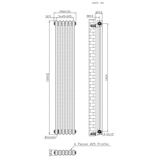 Monstershop Traditional 2 Column Radiator - 1500 x 290mm - Raw Metal