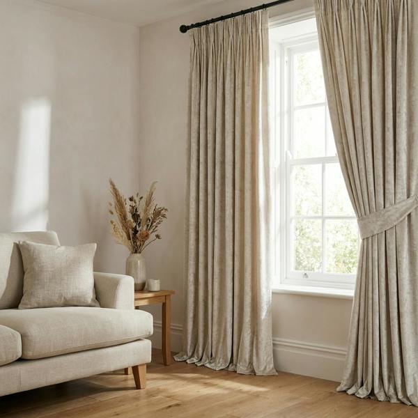 Lustre made-to-measure curtains in Ivory, styled in a living room