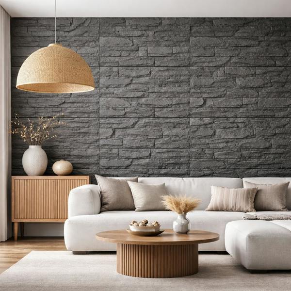 Britwall Charcoal Stacked Stone PU Wall Panel 1200 × 600 mm Pack of 2 – Charcoal Stacked Stone