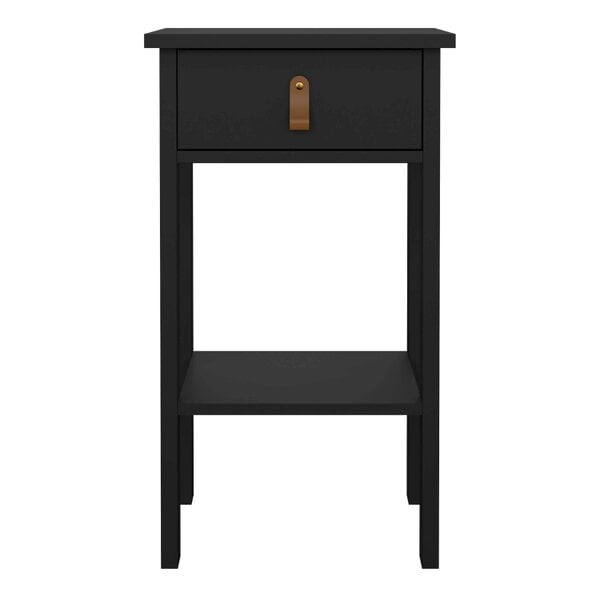 Wyld Haus Wildberry Matt Black Wooden Bedside Table with 1 Drawer Bottom Shelf Leather Handles