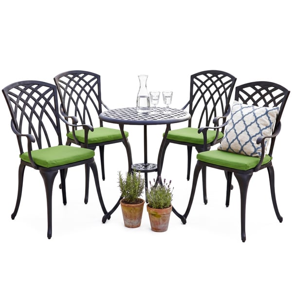 Centurion Supports OSHOWA Garden and Patio Table and 4 Large Chairs with Armrests Cast Aluminium Bistro Set - Green cushions