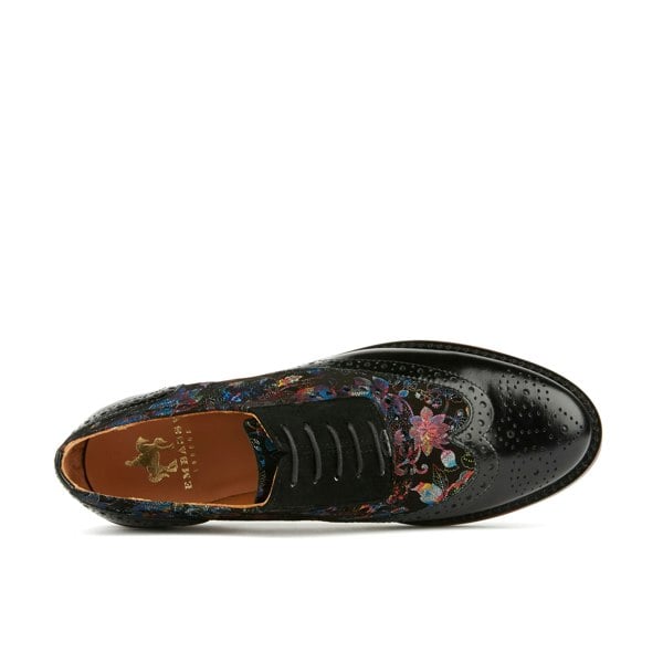 Embassy London Vivienne - Black Flower - Women's almond toe lace up leather oxfords with broguing