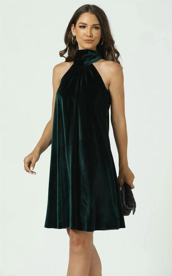 FS Collection Velvet Halter Neck Tie Back Mini Dress In Dark Green