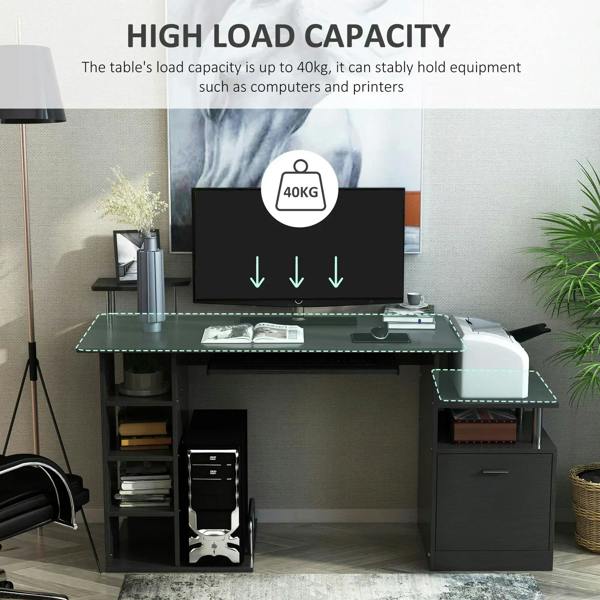 Black computer desk with keyboard tray and open storage shelves with side drawer