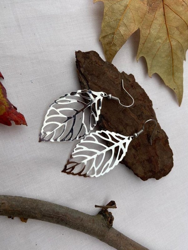 The Colourful Aura Silver Gold Large Slim Tree Nature Filigree Leaf Dangle Drop Earrings