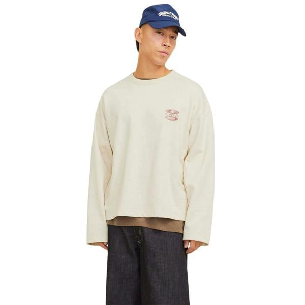 Jack And Jones Mens Graphic Print Boxy Drop Sleeve Sweatshirt - Ecru - 