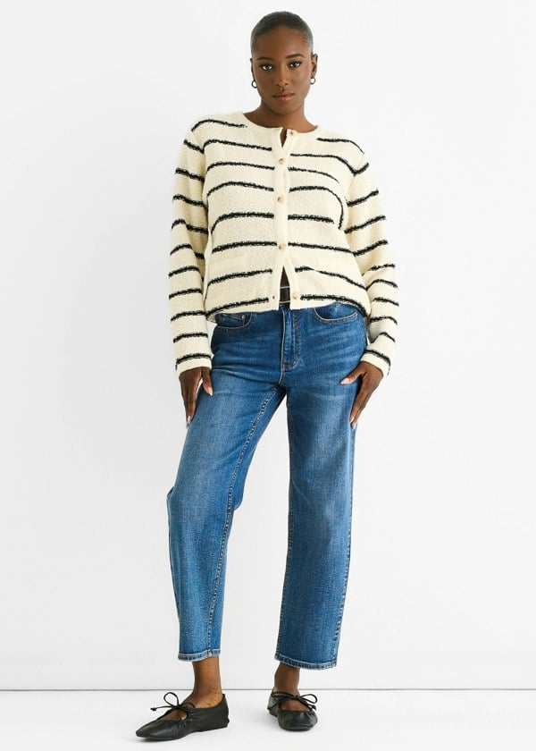 Gini London Cream Stripe Boucle Recycle Knit Cardigan