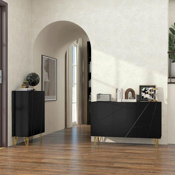 Black high-gloss sideboard with geometric doors and gold hairpin legs
