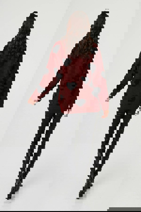 Burgundy | Heart Print Denim Trim Collar Jumper
