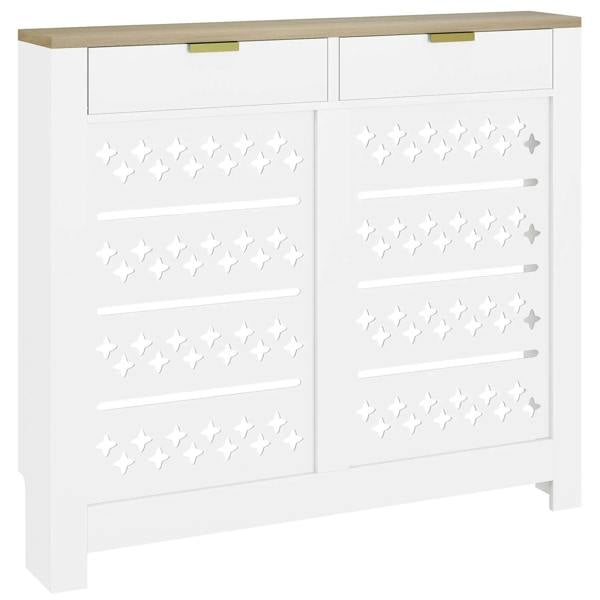 White radiator cover cabinet with two drawers, star cutout panels and bar handles