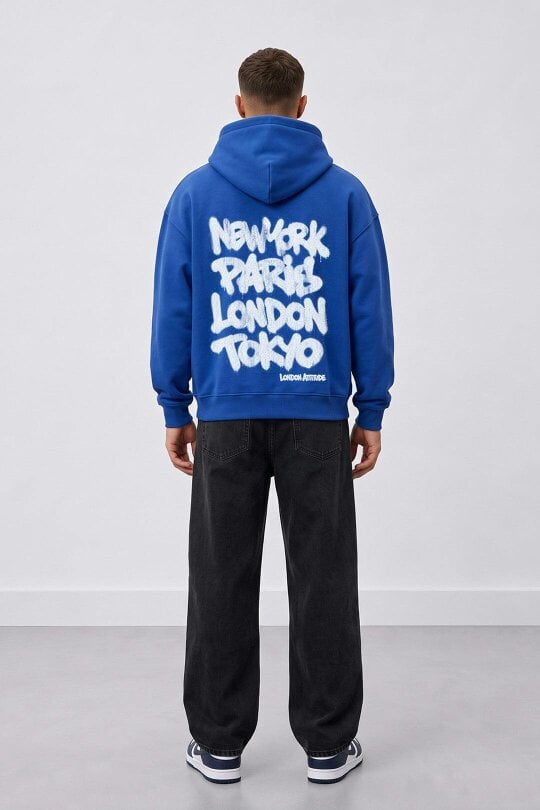 London Attitude Oversized Heavyweight City Graffiti Hoodie - Royal Blue