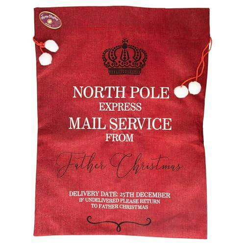 6cm Red Hessian Christmas Sack with North Pole Express Mail Print image 4