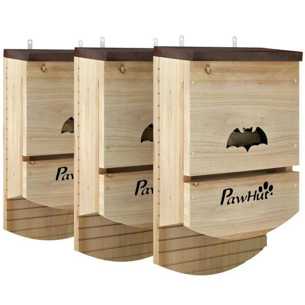 Bat Boxes, Pack of 3 Wooden Bat Houses for Outdoor, Garden, Farm, Easy to Hang, 23 x 9.5 x 36.5 cm, Natural