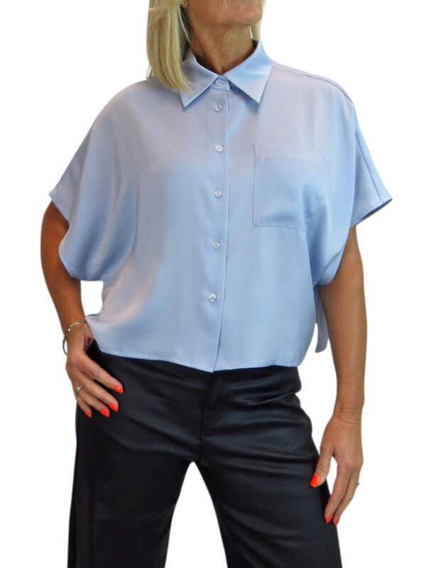 Paulo Due Women's Cropped Satin Shirt Short Sleeve Batwing Blouse - Silver Blue