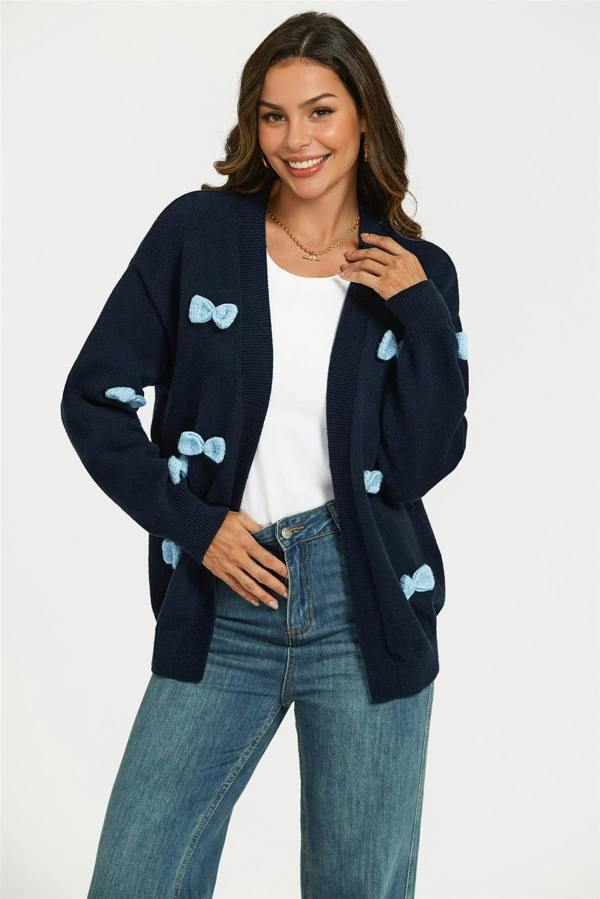 FS Collection Light Blue 3D Bow Cardigan In Navy