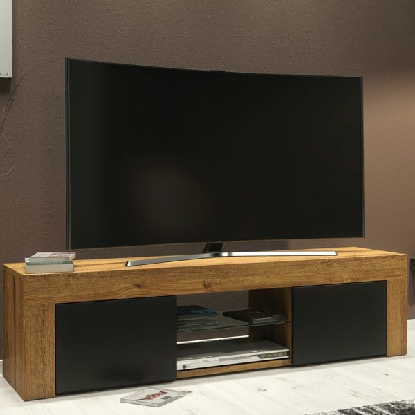 Mex Furniture 130cm Oak TV Unit Sideboard Cabinet with Black Matt Doors and Free LED Lights