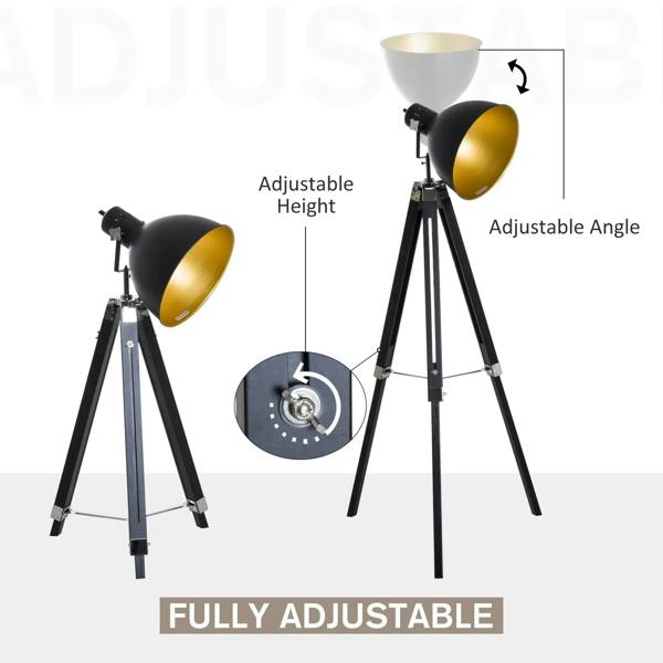 Tripod floor lamp showing adjustable height and angle of gold spotlight head