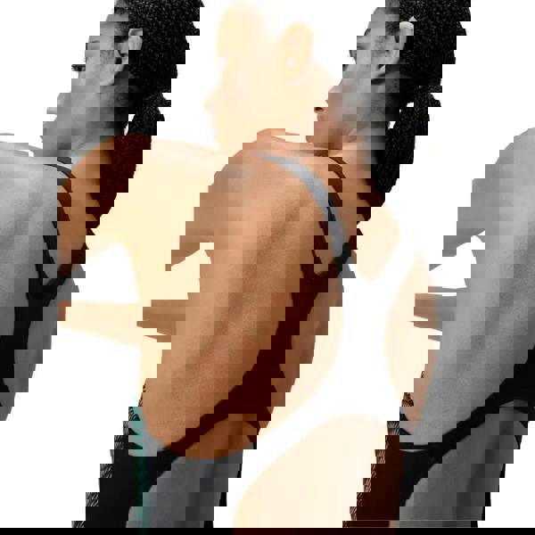 Blue Speedo digital placement medalist swimsuit with black crisscross racerback sports bra