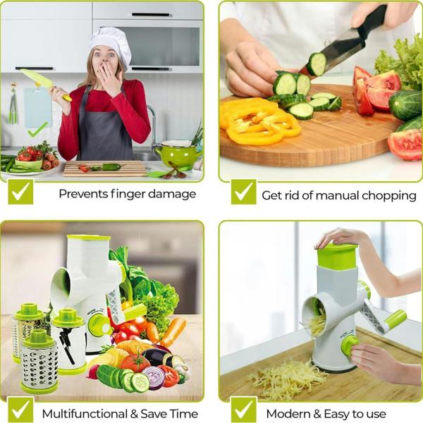 Top 3 Rotary Food Grater with 3 Stainless Steel Attachments White and Green
