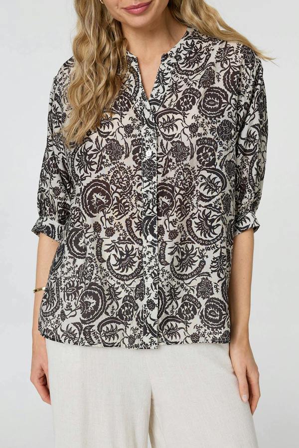 Black | Printed Relaxed 3/4 Sleeve Shirt