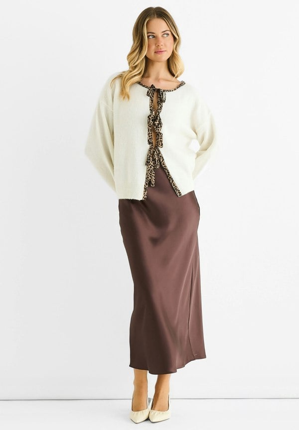 Gini London Cream Contrast Animal Tie Oversized Knit Cardigan