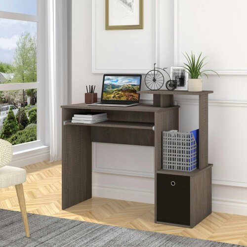 Wyld Haus Ramo 100cm Wooden Grey Home Office Desk With Keyboard Tray Drawer And Side Shelving