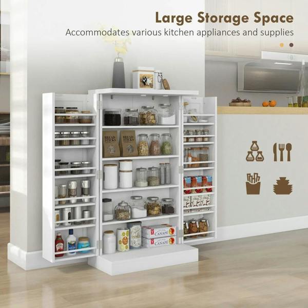 White kitchen cupboard with open doors and many stacked shelves for pantry storage