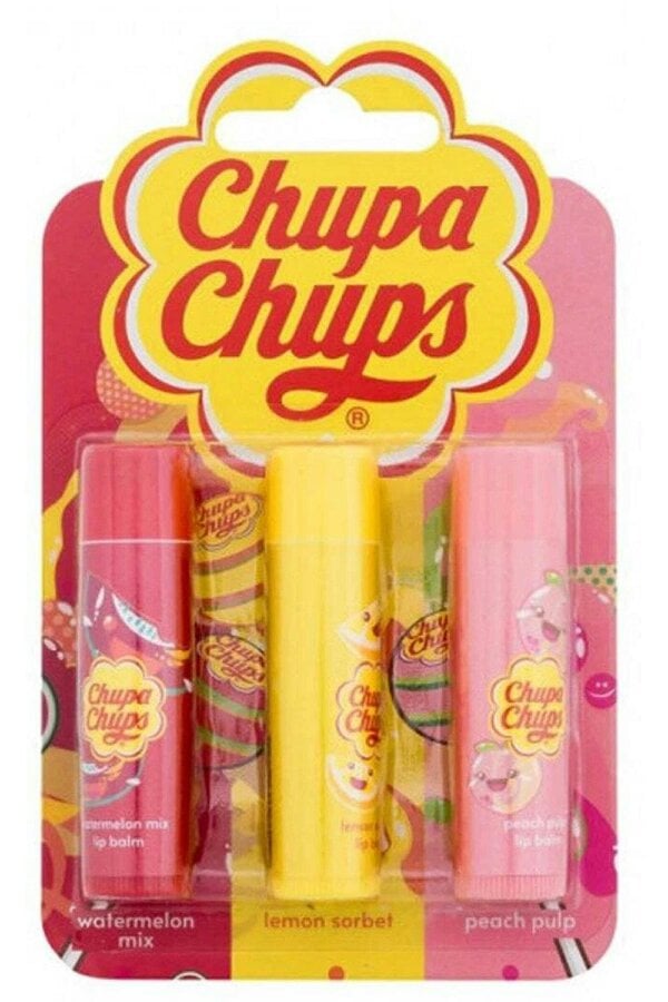 Chupa Chups Lip Balm Set - 5g Trio of Fruitiness Watermelon, Lemon Sorbet and Peach Pulp