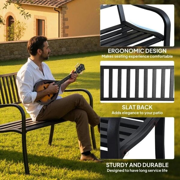 Metal Garden Bench Loveseat with Slatted Seat, Black