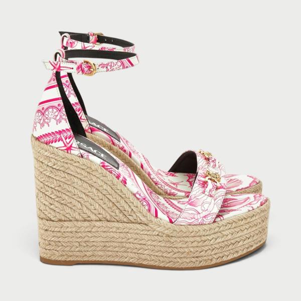 Supplied Fashion pink and white patterned platform espadrille wedges with gold Medusa hardware and ankle strap.