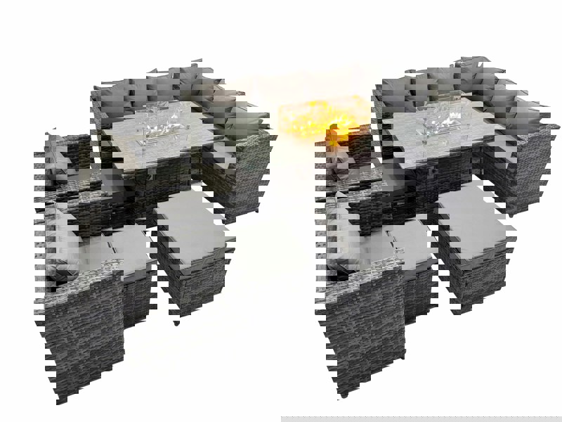 Fimous Garden Rattan Furniture Set 11 Seater Outdoor Corner Sofa 2 Chair Gas Fire Pit Dining Table Set with 3 Stools Dark Grey