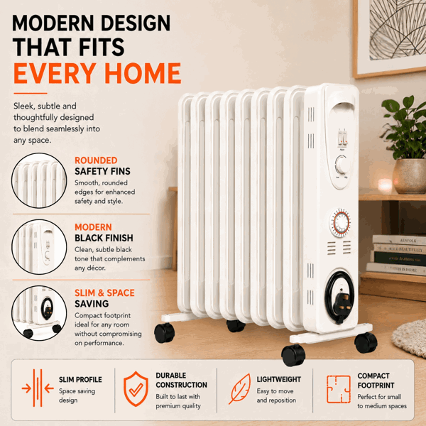 Mylek Oil Filled Electric Portable Heater Radiator with Adjustable Thermostat 2000w With Timer