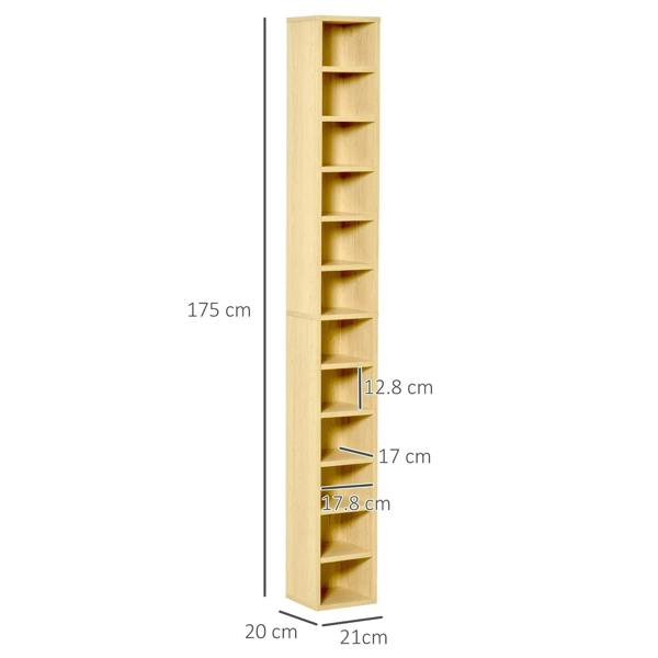 Tall narrow oak CD storage tower with size markings: 175 cm height