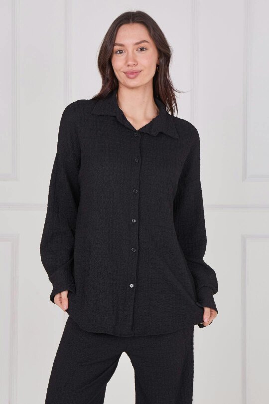 Elaina Fashion Textured Shirt & Wide-Leg Trouser Co-Ord Set