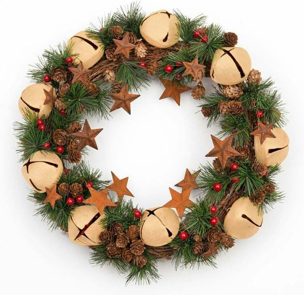 40cm Green Christmas Wreath with Bells and Stars for Indoor or Sheltered Outdoor Display image 4