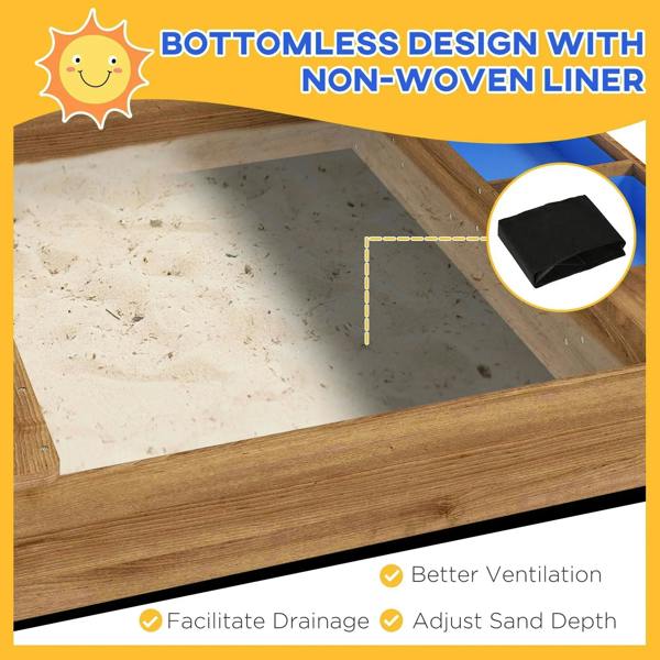 Wooden sandbox with smooth sand liner base and raised wooden sidewalls