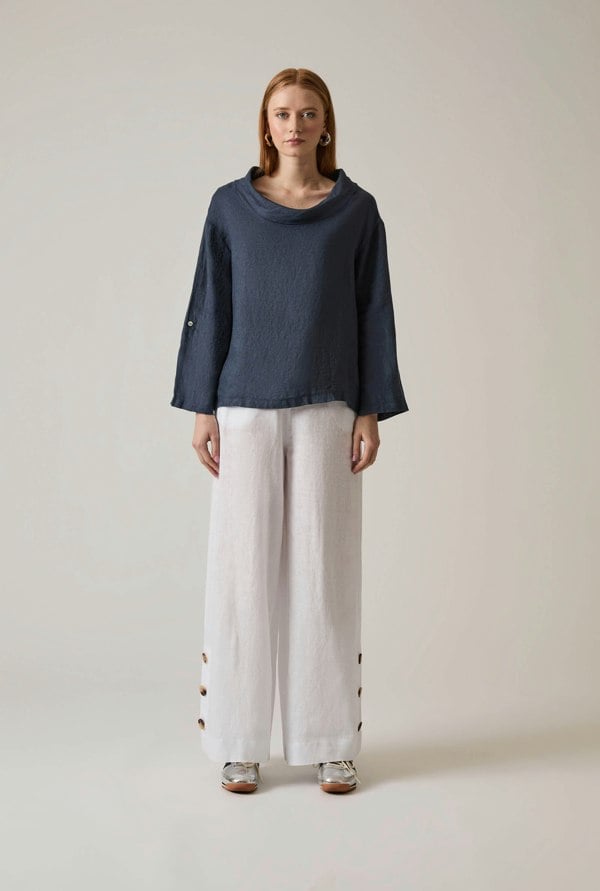 Navy linen top with draped cowl neckline
